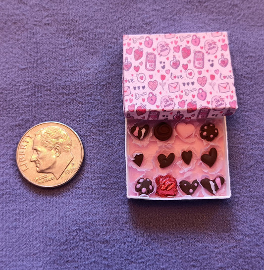 Miniature Box of Chocolates 1:12 Assorted Sweets Dollhouse Size Candy for Valentines or Any Occasion!  Pink Hearts and Messages