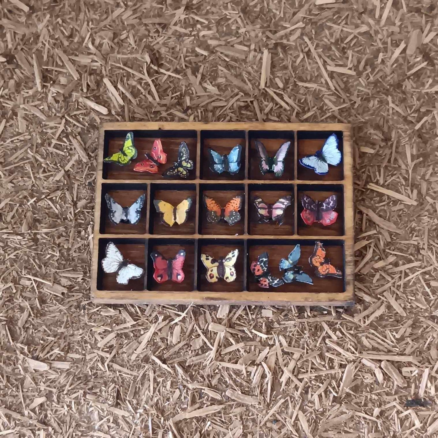 Dollhouse Miniature Butterfly Display. 17 Paper Butterflies in a Wooden Shadow Box. Handcrafted and One of a Kind