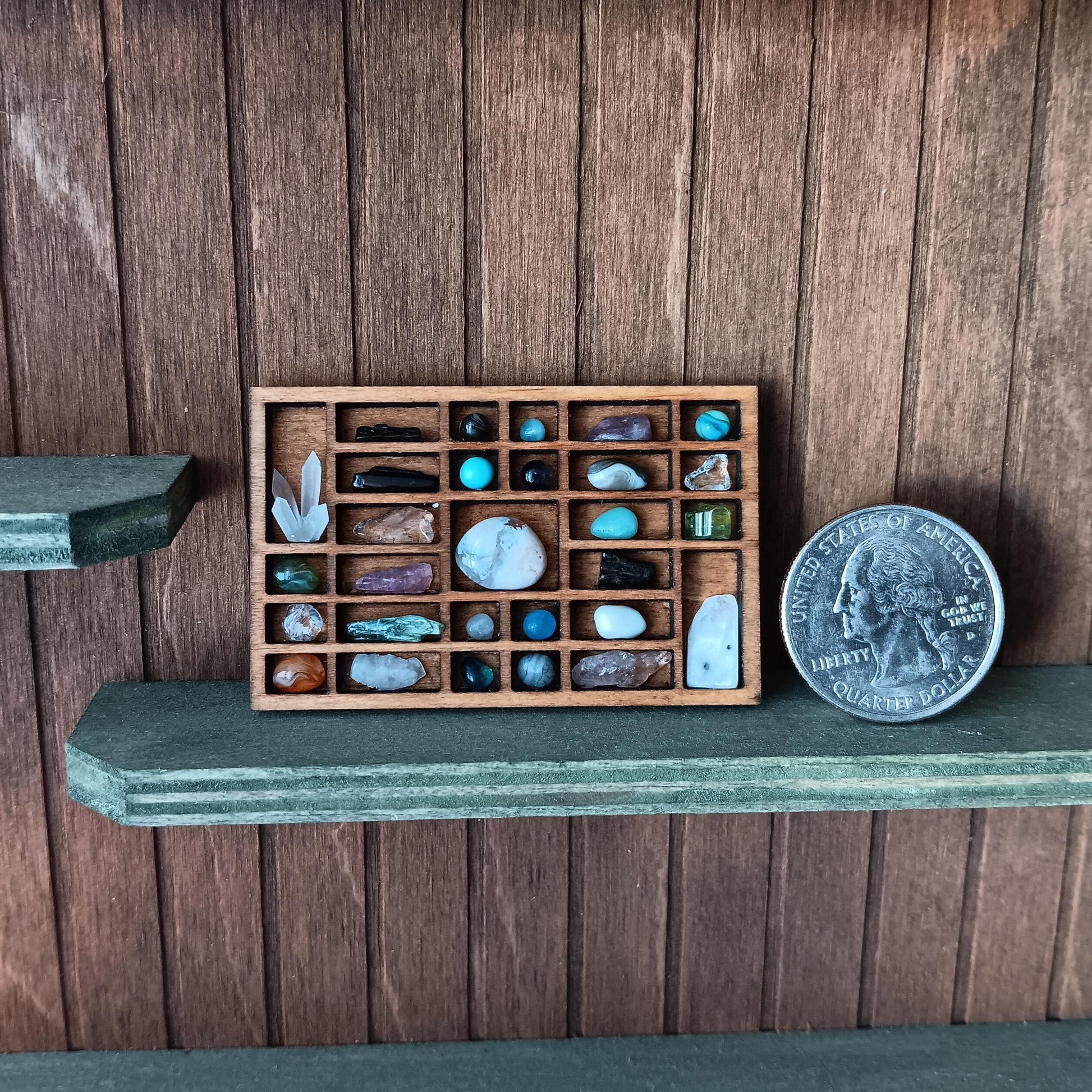 Dollhouse Miniature Nature Display. Stones & Crystals in a Tiny Printers Tray. Hand Crafted and One of a Kind Shadow Box. Cottage Decor