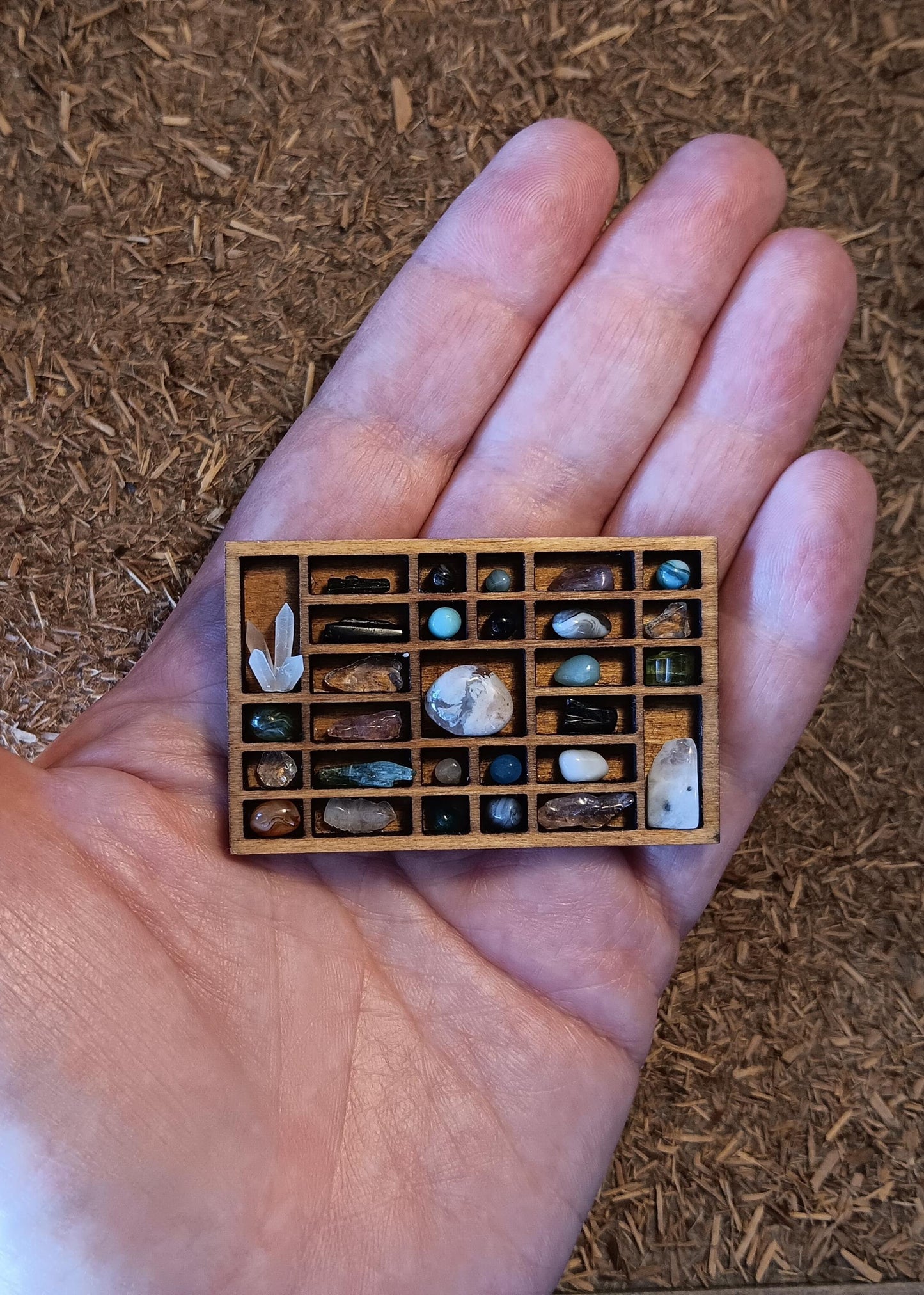 Dollhouse Miniature Nature Display. Stones & Crystals in a Tiny Printers Tray. Hand Crafted and One of a Kind Shadow Box. Cottage Decor