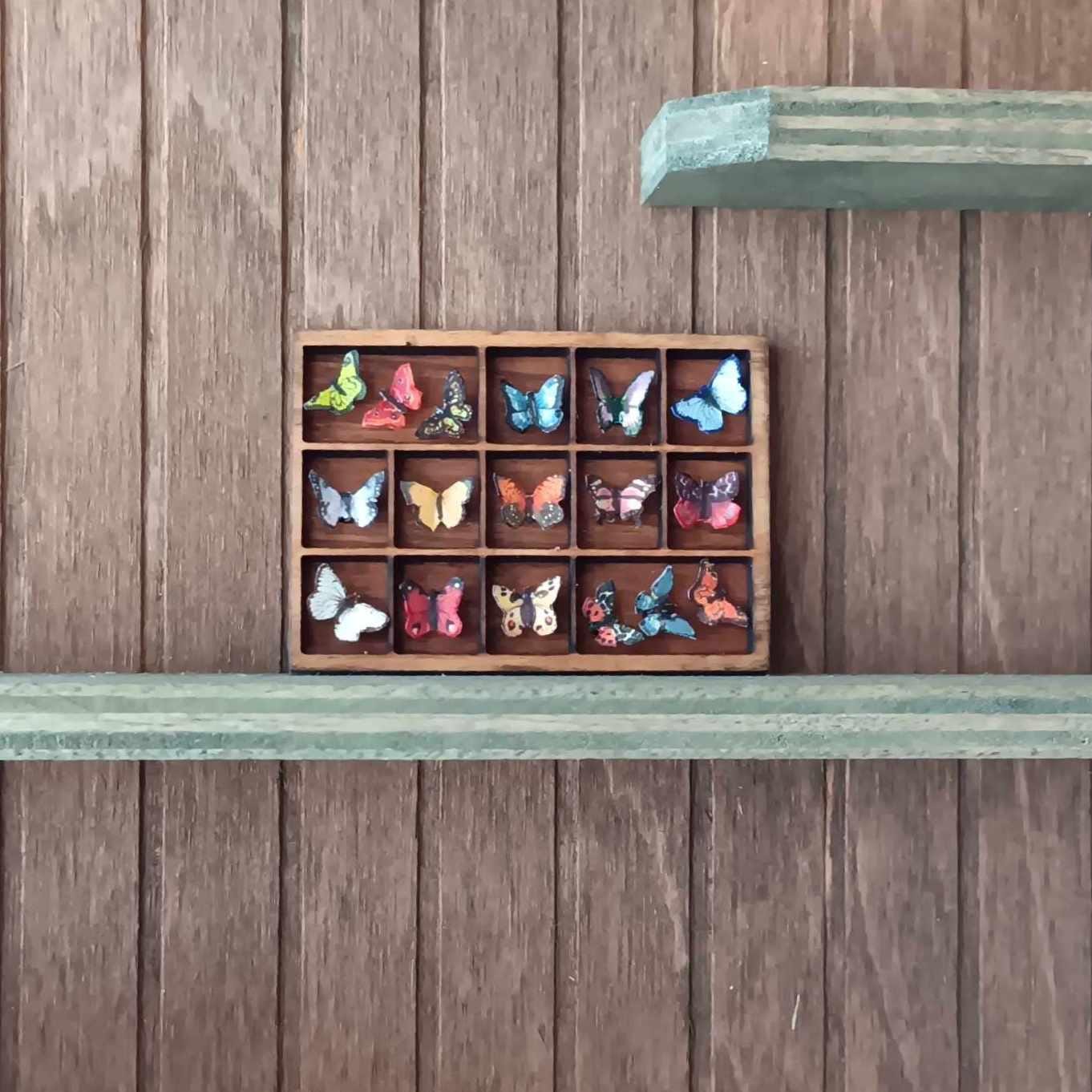 Dollhouse Miniature Butterfly Display. 17 Paper Butterflies in a Wooden Shadow Box. Handcrafted and One of a Kind