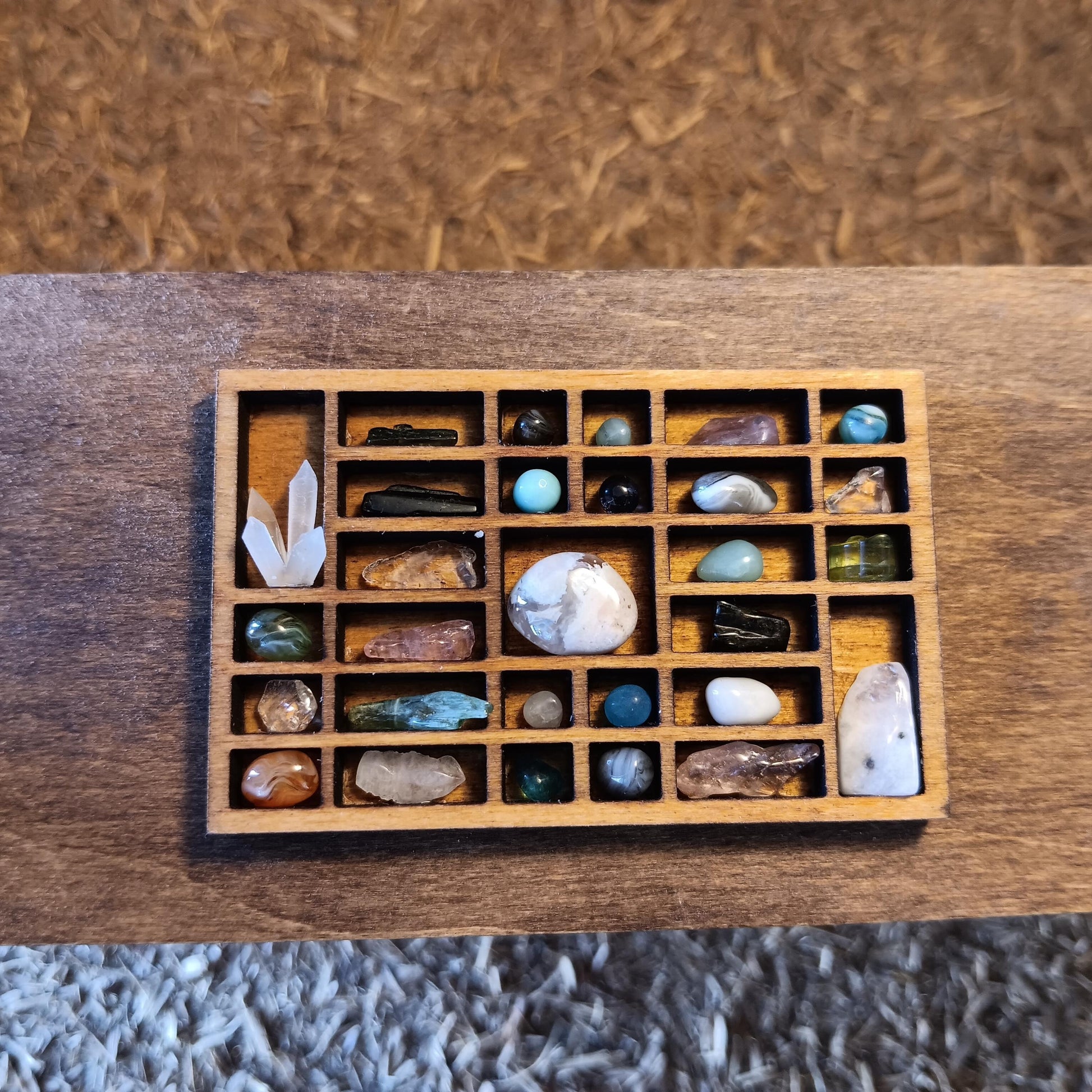 Dollhouse Miniature Nature Display. Stones & Crystals in a Tiny Printers Tray. Hand Crafted and One of a Kind Shadow Box. Cottage Decor