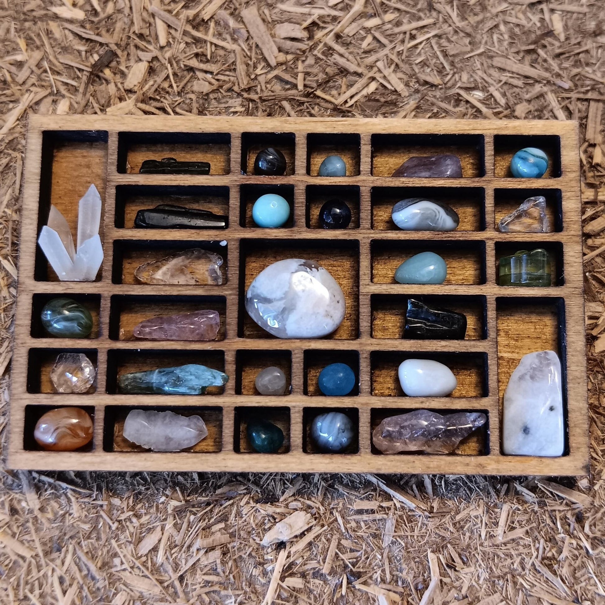 Dollhouse Miniature Nature Display. Stones & Crystals in a Tiny Printers Tray. Hand Crafted and One of a Kind Shadow Box. Cottage Decor