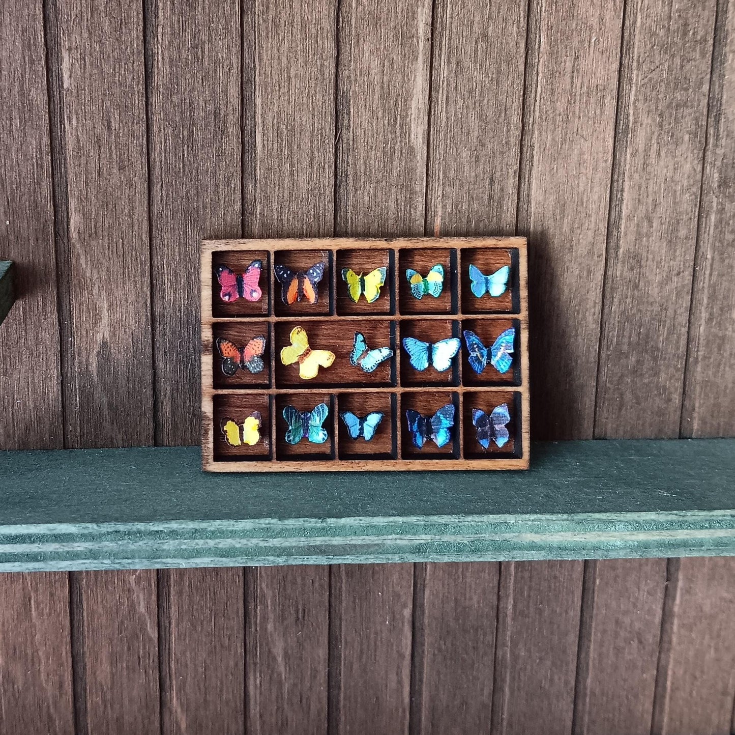 Dollhouse Miniature Rainbow Butterfly Display. 15 Paper Butterflies in a Wooden Shadow Box. Handcrafted and One of a Kind