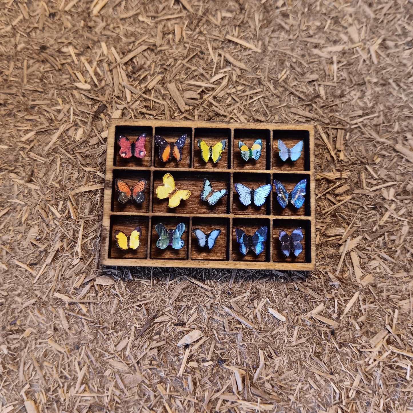 Dollhouse Miniature Rainbow Butterfly Display. 15 Paper Butterflies in a Wooden Shadow Box. Handcrafted and One of a Kind