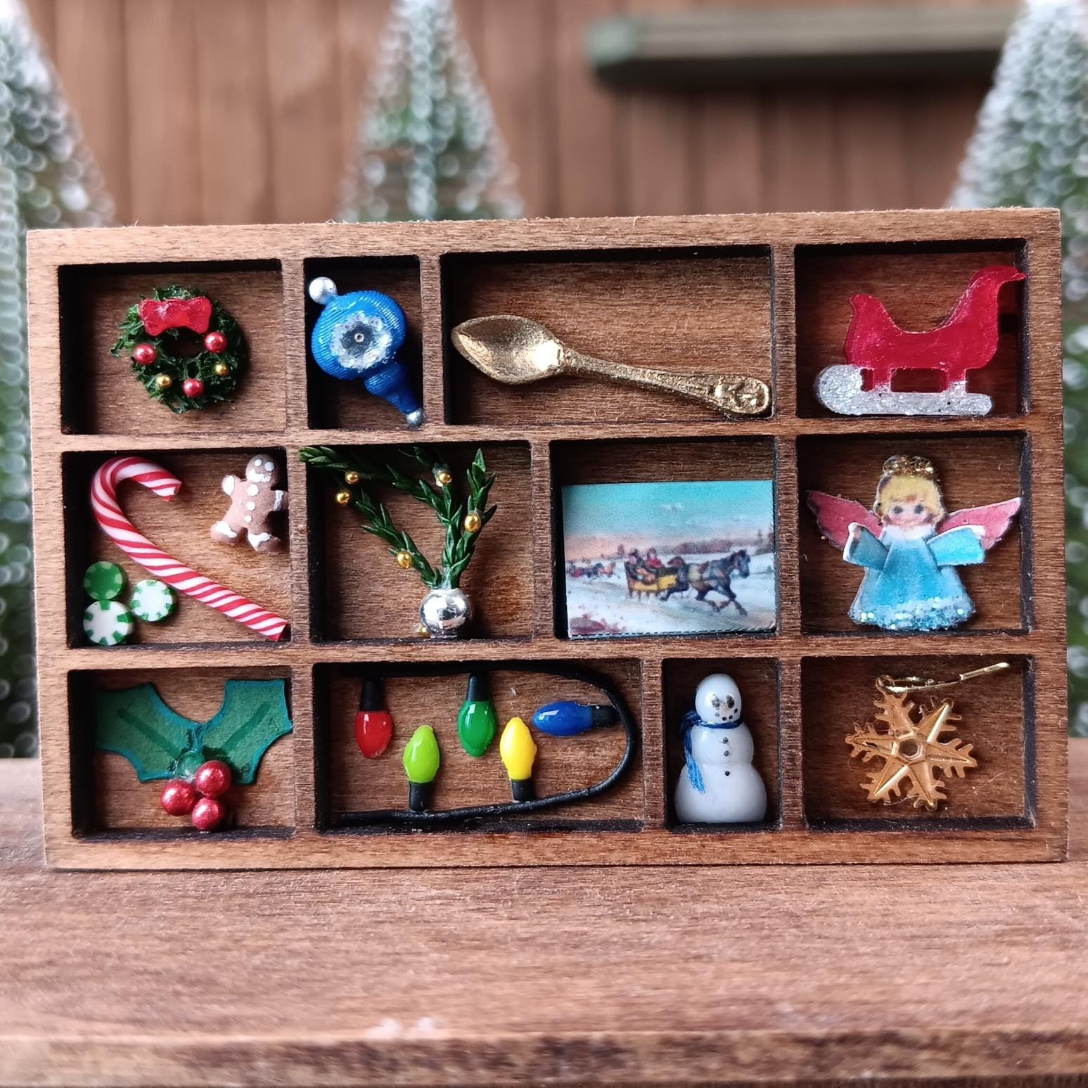 Dollhouse Miniature Christmas Shadow Box Printer's Tray. 1:12 Scale Holiday Decoration - Golden Spoon