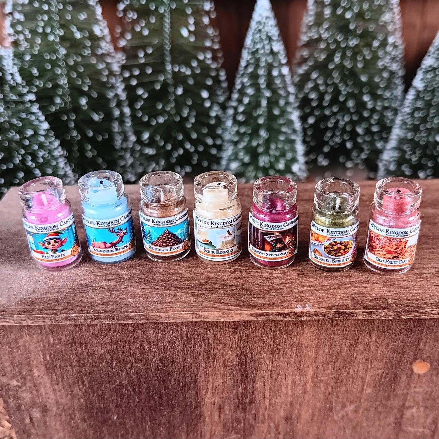 Dollhouse Miniature Tiny Christmas Glass Jar Candles. 7 to Choose From! Unique Holiday Decor. Snarky Cute, Funny Holiday Labels. 1:12 Scale