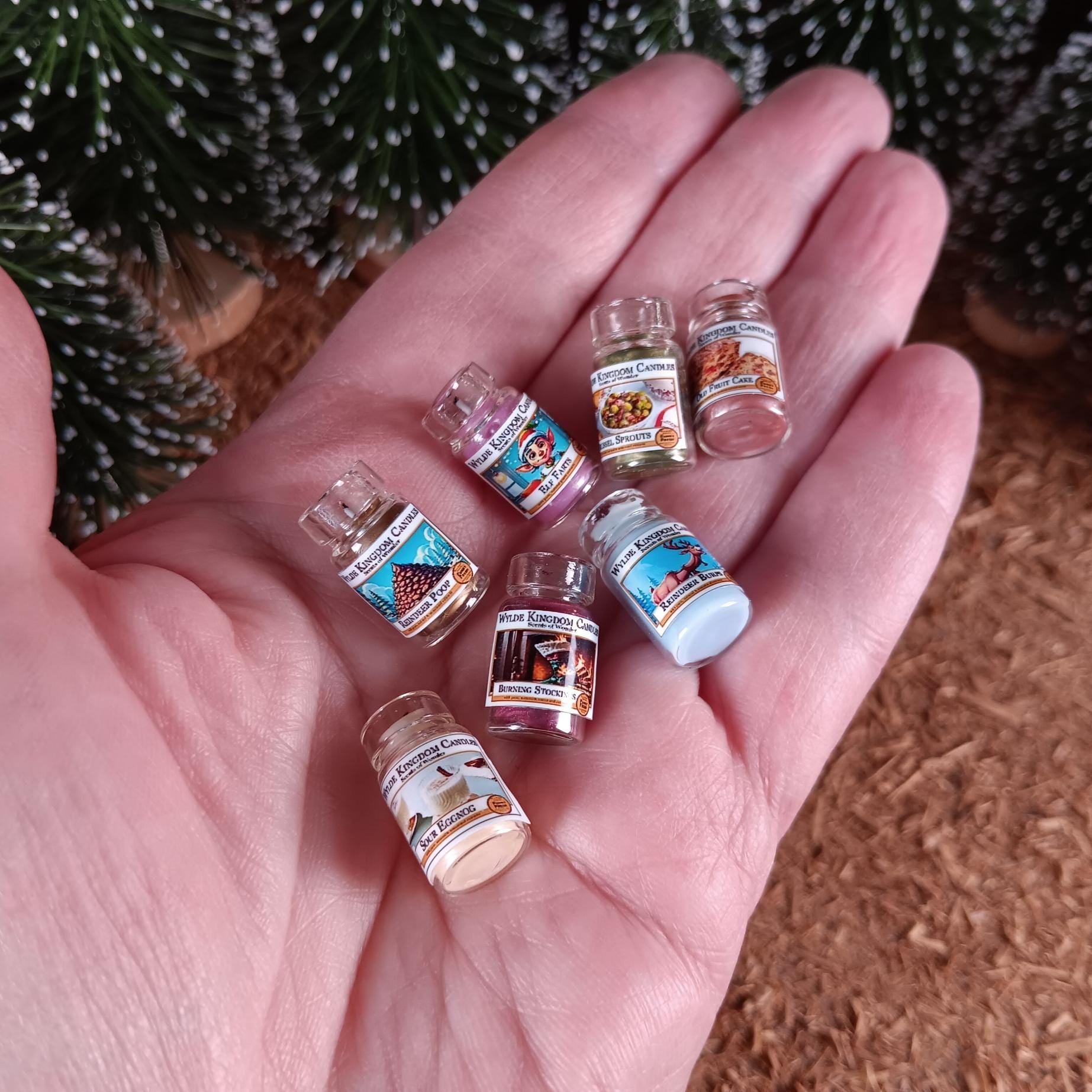 Dollhouse Miniature Tiny Christmas Glass Jar Candles. 7 to Choose From! Unique Holiday Decor. Snarky Cute, Funny Holiday Labels. 1:12 Scale