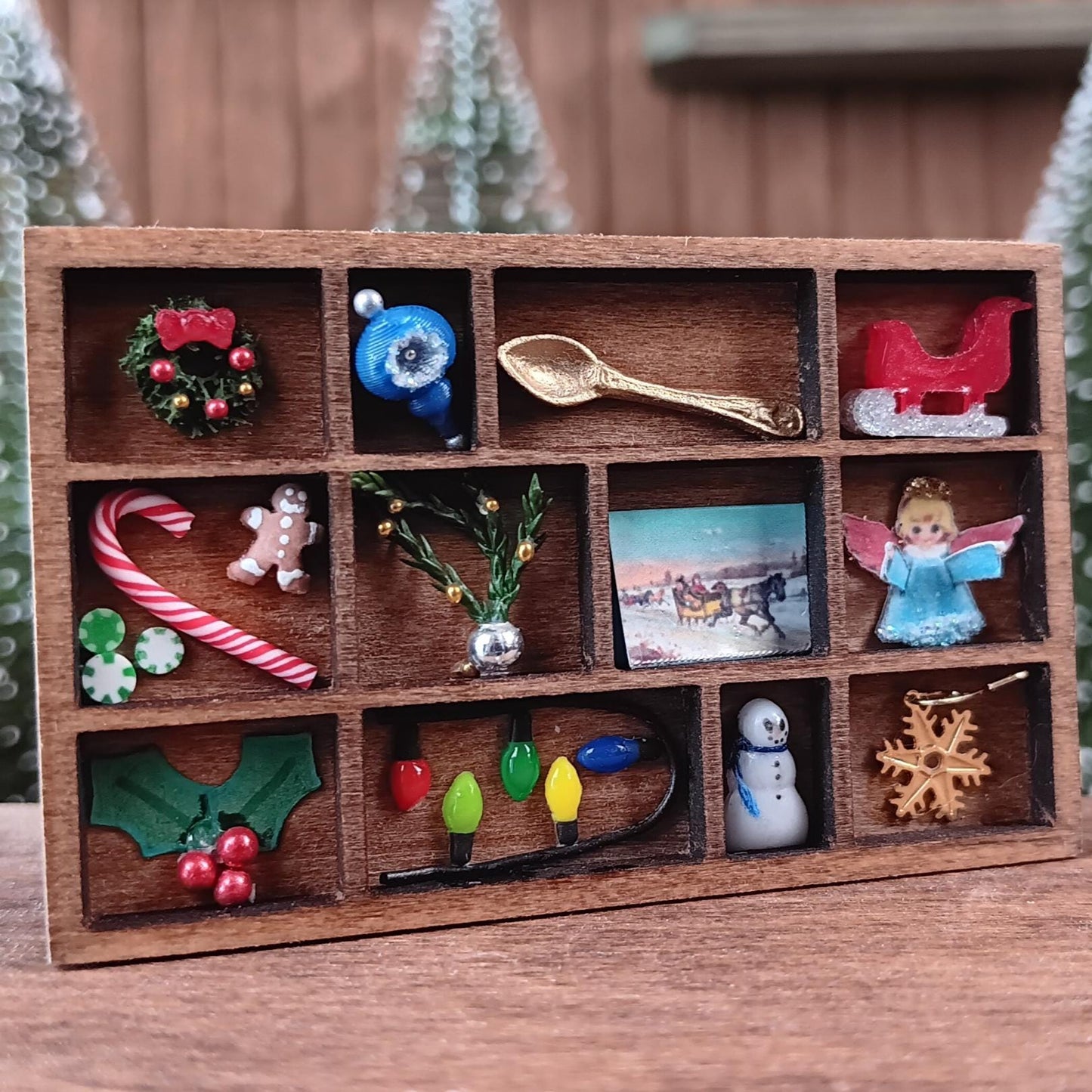 Dollhouse Miniature Christmas Shadow Box Printer's Tray. 1:12 Scale Holiday Decoration - Golden Spoon