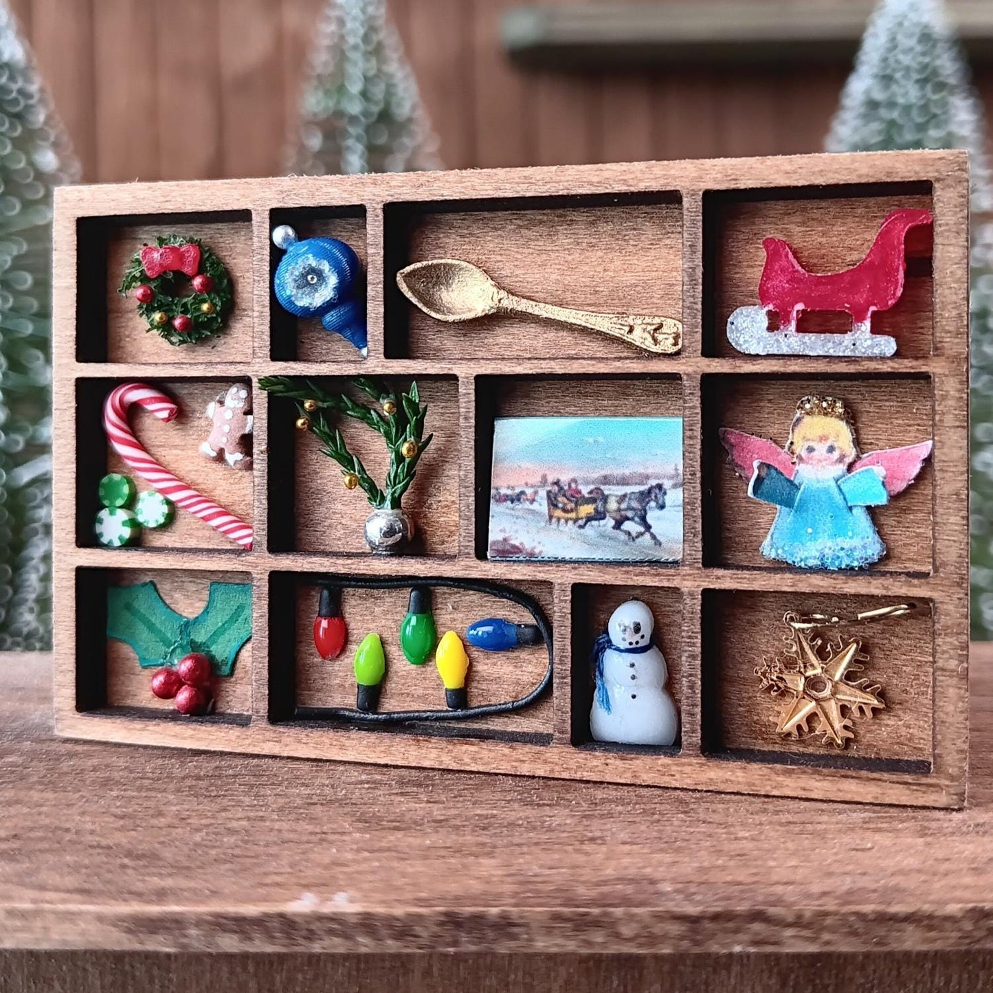 Dollhouse Miniature Christmas Shadow Box Printer's Tray. 1:12 Scale Holiday Decoration - Golden Spoon