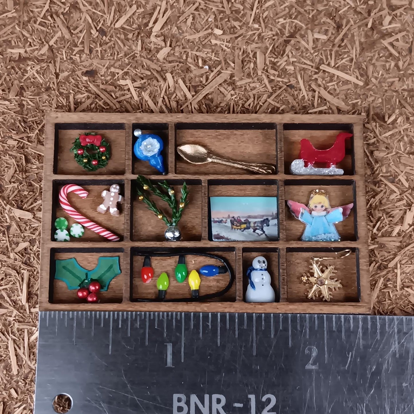 Dollhouse Miniature Christmas Shadow Box Printer's Tray. 1:12 Scale Holiday Decoration - Golden Spoon