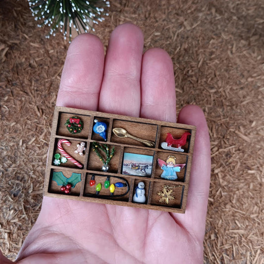 Dollhouse Miniature Christmas Shadow Box Printer's Tray. 1:12 Scale Holiday Decoration - Golden Spoon