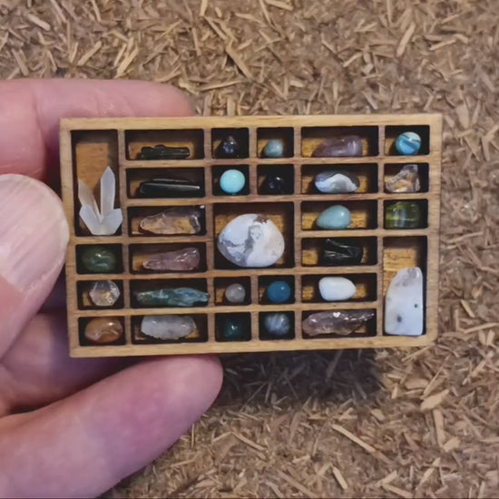 Dollhouse Miniature Nature Display. Stones & Crystals in a Tiny Printers Tray. Hand Crafted and One of a Kind Shadow Box. Cottage Decor